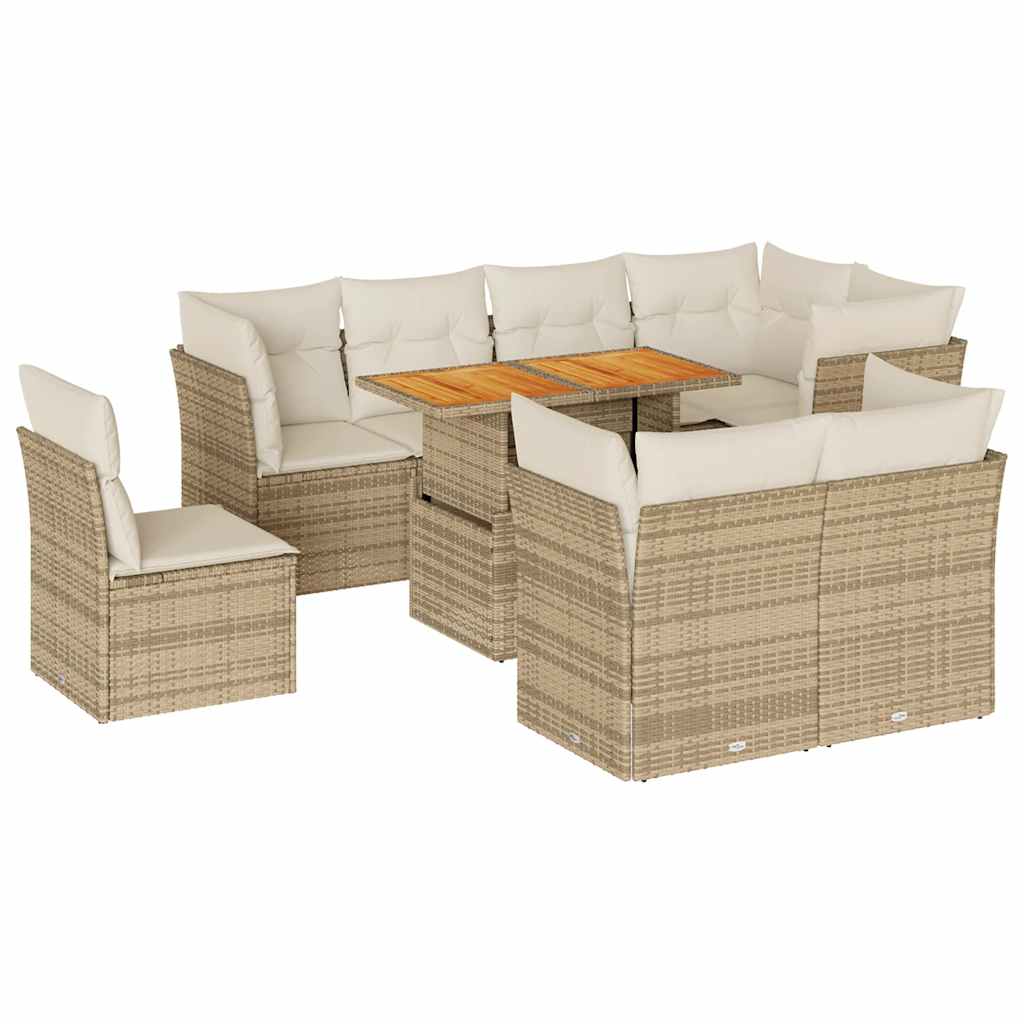 9-tlg. Garten-Sofagarnitur mit Kissen Beige Poly Rattan