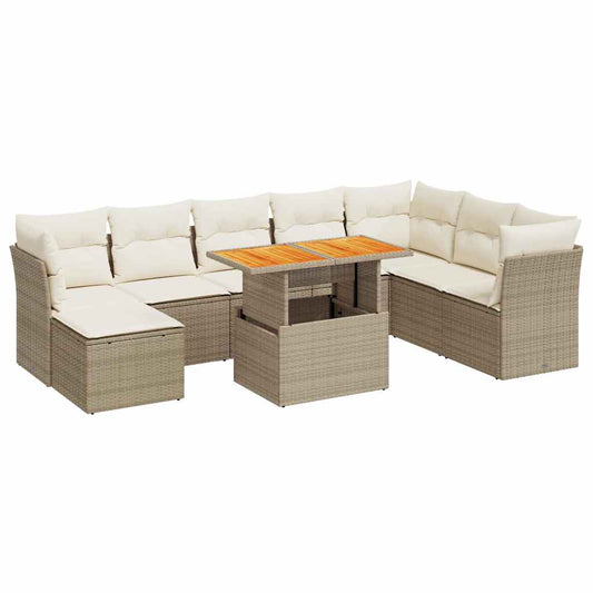 9-tlg. Garten-Sofagarnitur mit Kissen Beige Poly Rattan