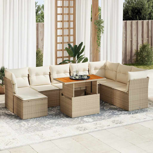 9-tlg. Garten-Sofagarnitur mit Kissen Beige Poly Rattan