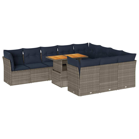 11-tlg. Garten-Sofagarnitur mit Kissen Grau Poly Rattan