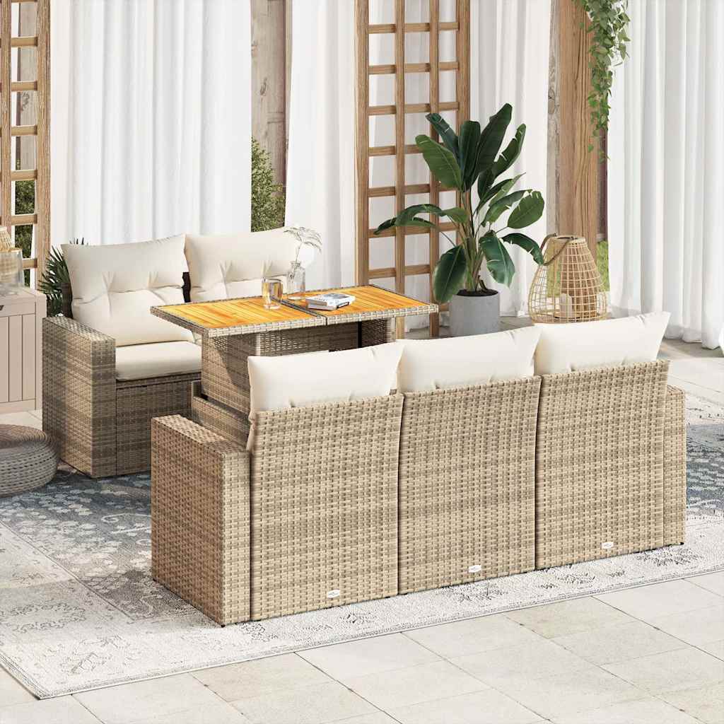 6-tlg. Garten-Sofagarnitur mit Kissen Beige Poly Rattan