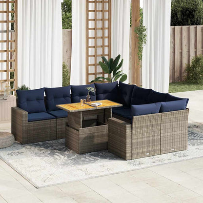 9-tlg. Garten-Sofagarnitur mit Kissen Grau Poly Rattan