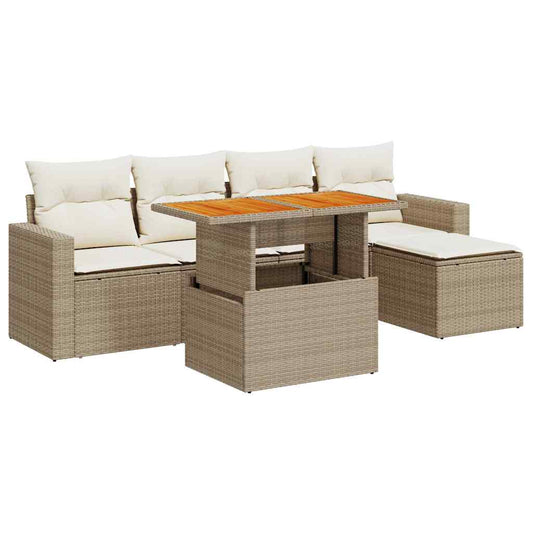 6-tlg. Garten-Sofagarnitur mit Kissen Beige Poly Rattan