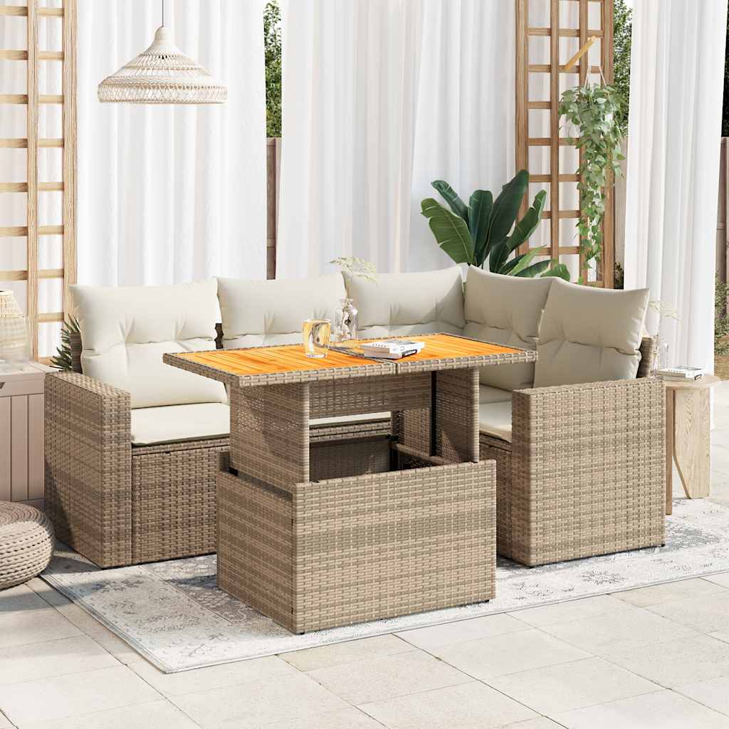 5-tlg. Garten-Sofagarnitur mit Kissen Beige Poly Rattan