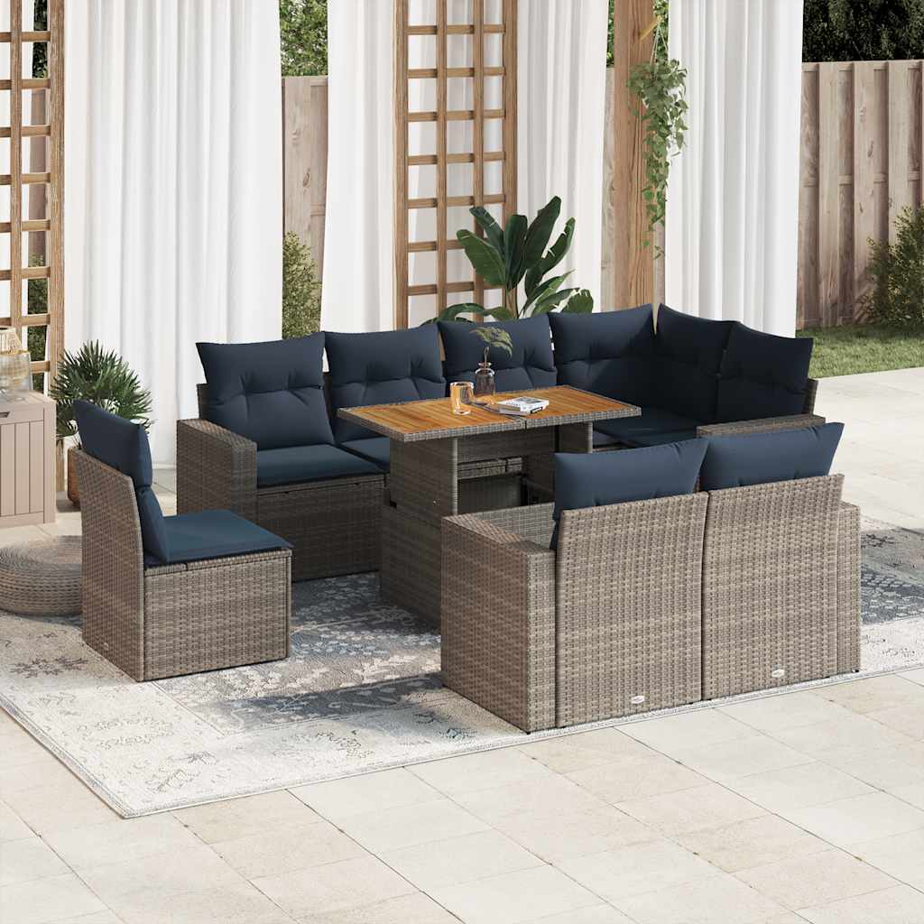 9-tlg. Garten-Sofagarnitur mit Kissen Grau Poly Rattan