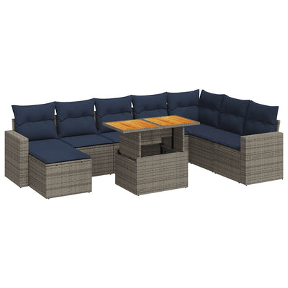 9-tlg. Garten-Sofagarnitur mit Kissen Grau Poly Rattan