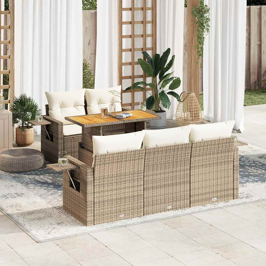 6-tlg. Garten-Sofagarnitur mit Kissen Beige Poly Rattan