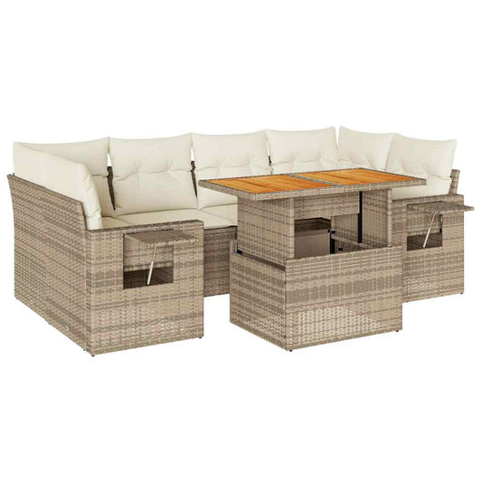 7-tlg. Garten-Sofagarnitur mit Kissen Beige Poly Rattan