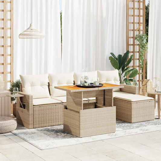 6-tlg. Garten-Sofagarnitur mit Kissen Beige Poly Rattan