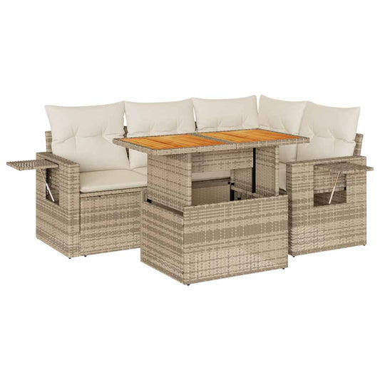 5-tlg. Garten-Sofagarnitur mit Kissen Beige Poly Rattan