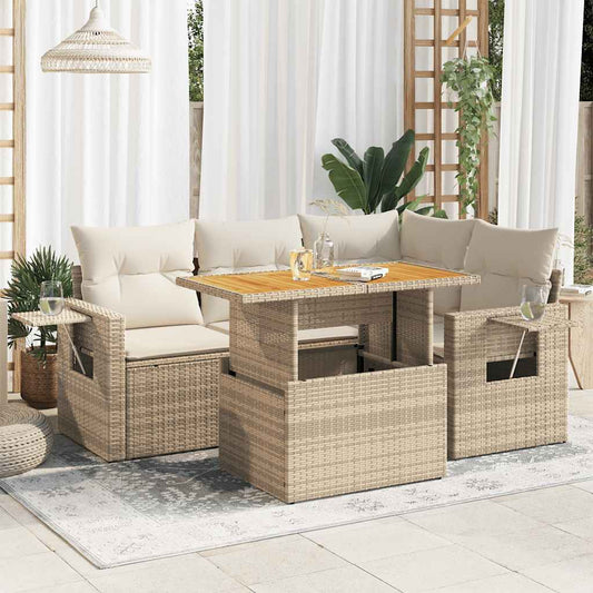 5-tlg. Garten-Sofagarnitur mit Kissen Beige Poly Rattan