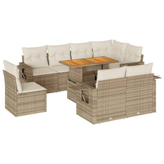 9-tlg. Garten-Sofagarnitur mit Kissen Beige Poly Rattan