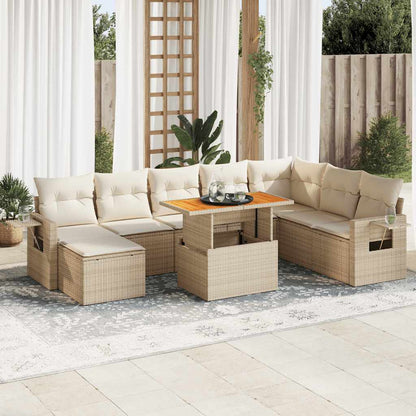9-tlg. Garten-Sofagarnitur mit Kissen Beige Poly Rattan