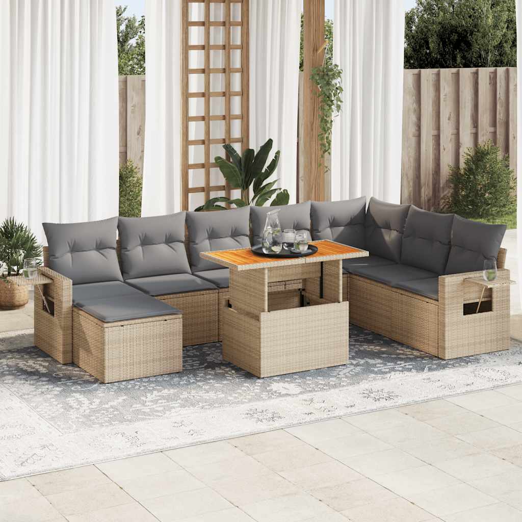 9-delt sæt Havesofasæt med puder Beige polyrattan