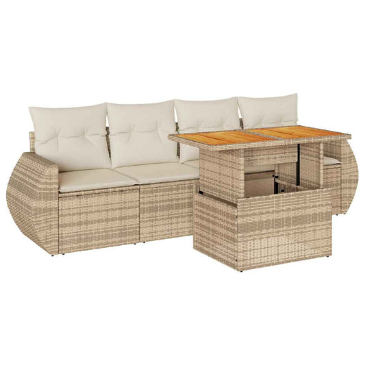 5-tlg. Garten-Sofagarnitur mit Kissen Beige Poly Rattan