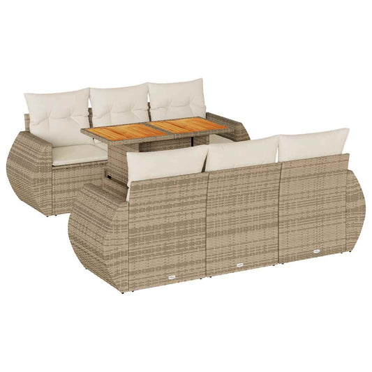 7-tlg. Garten-Sofagarnitur mit Kissen Beige Poly Rattan