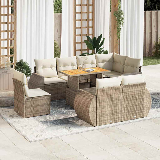 9-tlg. Garten-Sofagarnitur mit Kissen Beige Poly Rattan