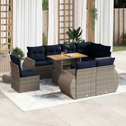 9-tlg. Garten-Sofagarnitur mit Kissen Grau Poly Rattan