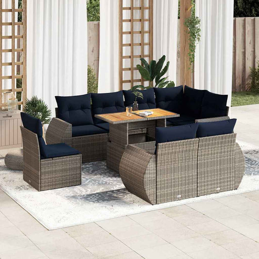 9-tlg. Garten-Sofagarnitur mit Kissen Grau Poly Rattan