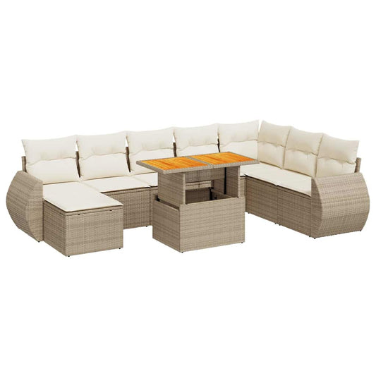 9-tlg. Garten-Sofagarnitur mit Kissen Beige Poly Rattan