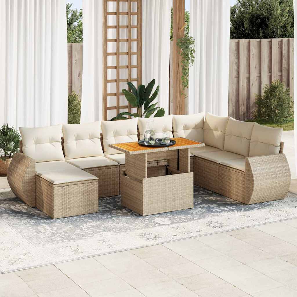 9-tlg. Garten-Sofagarnitur mit Kissen Beige Poly Rattan