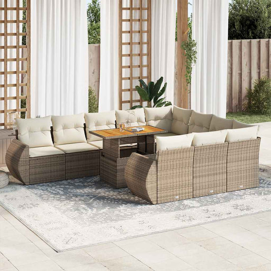 11-tlg. Garten-Sofagarnitur mit Kissen Beige Poly Rattan