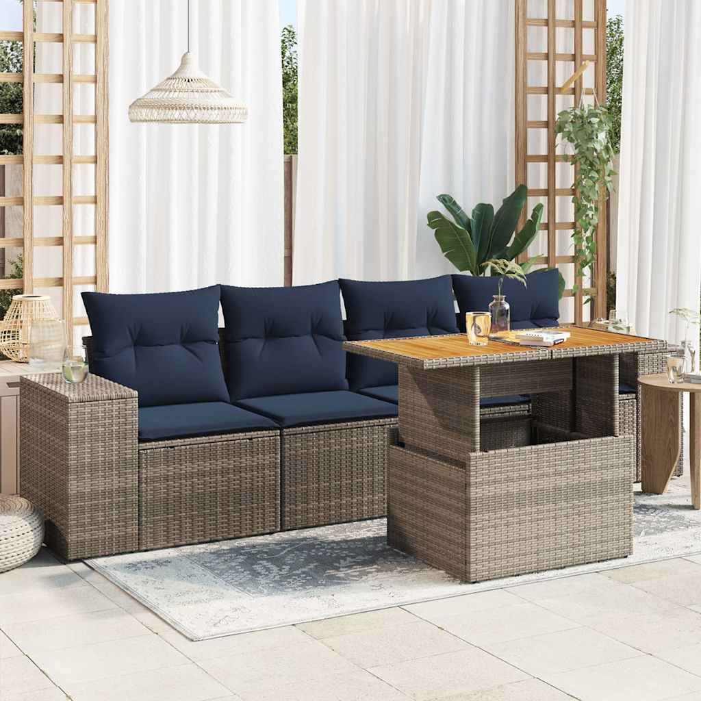 5-tlg. Garten-Sofagarnitur mit Kissen Grau Poly Rattan