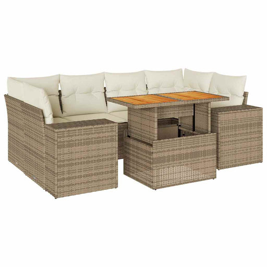 7-tlg. Garten-Sofagarnitur mit Kissen Beige Poly Rattan