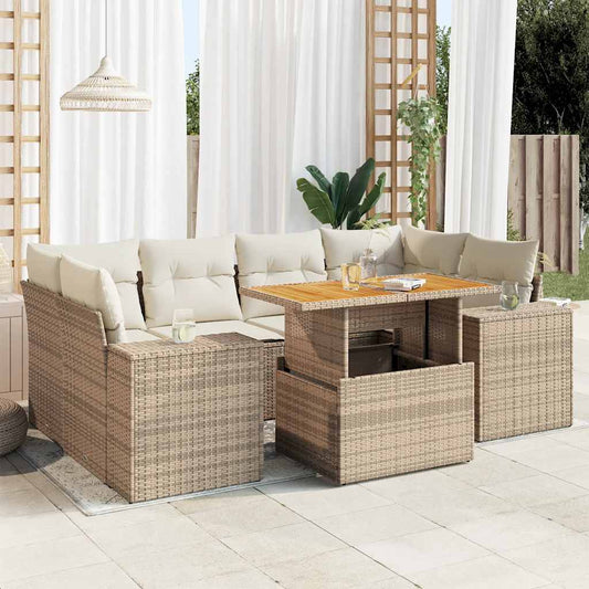 7-tlg. Garten-Sofagarnitur mit Kissen Beige Poly Rattan