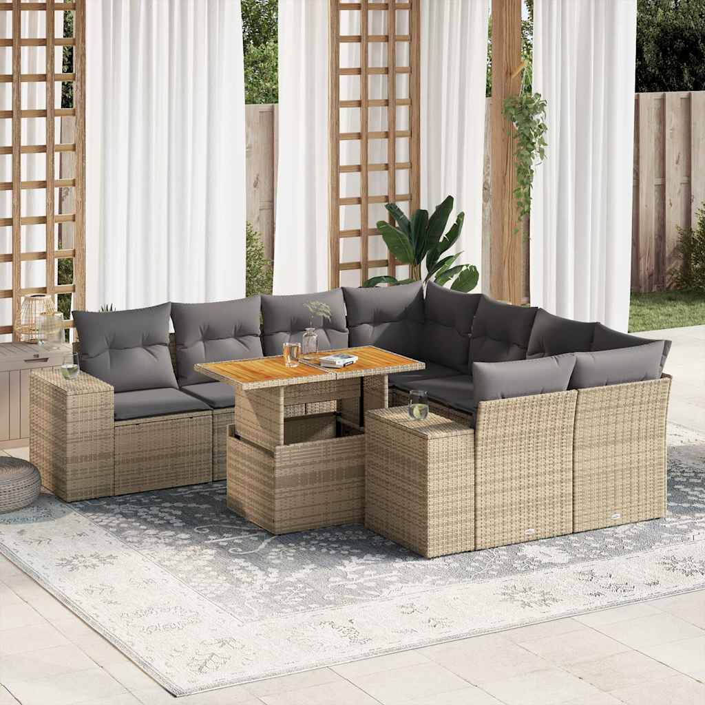 9-delt sæt Havesofasæt med puder Beige polyrattan