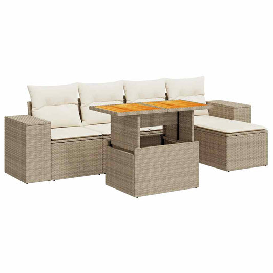 6-tlg. Garten-Sofagarnitur mit Kissen Beige Poly Rattan
