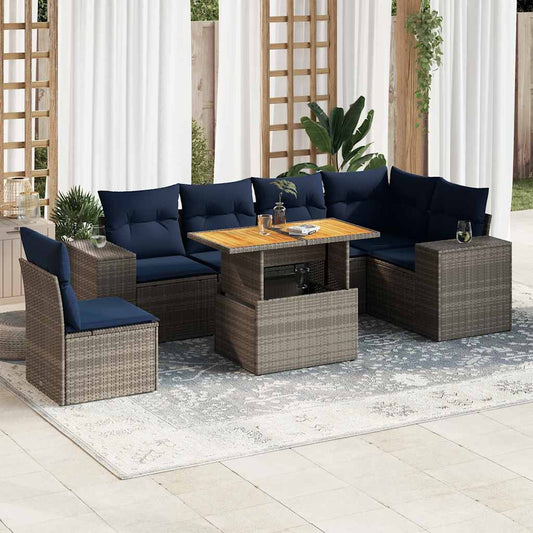 7-tlg. Garten-Sofagarnitur mit Kissen Grau Poly Rattan