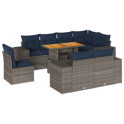 9-tlg. Garten-Sofagarnitur mit Kissen Grau Poly Rattan