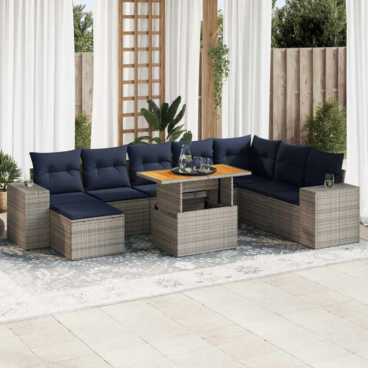 9-tlg. Garten-Sofagarnitur mit Kissen Grau Poly Rattan