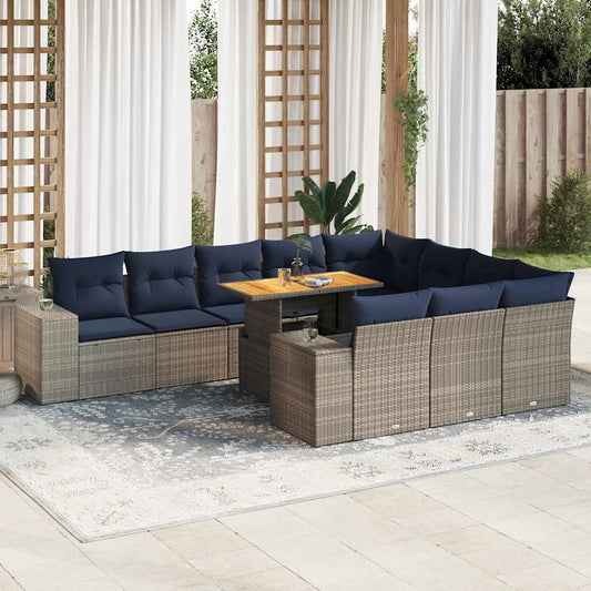 11-tlg. Garten-Sofagarnitur mit Kissen Grau Poly Rattan