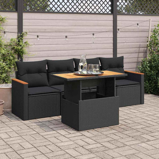 5tlg. Garten-Sofagarnitur mit Kissen Schwarz Poly Rattan Akazie