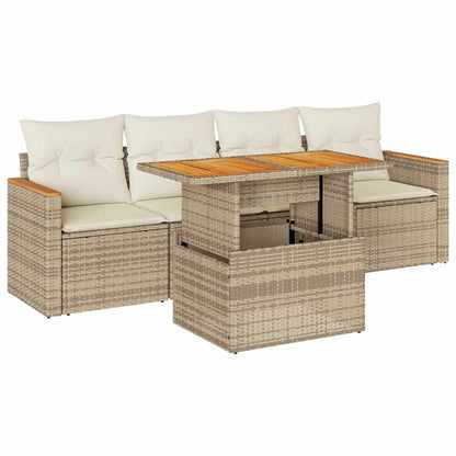 5-tlg. Garten-Sofagarnitur mit Kissen Beige Poly Rattan Akazie