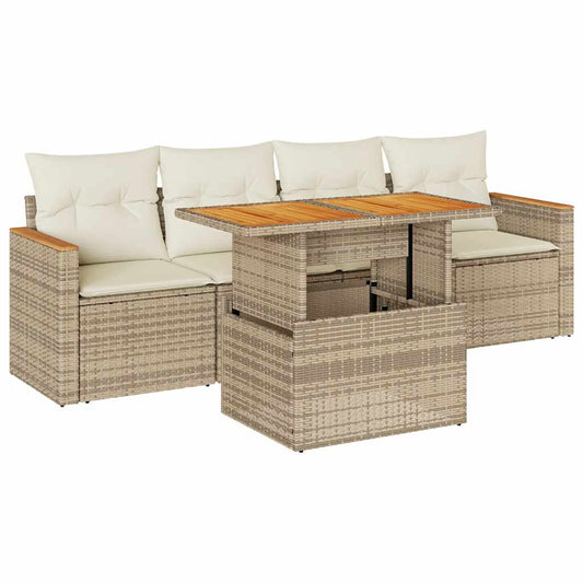 5-tlg. Garten-Sofagarnitur mit Kissen Beige Poly Rattan Akazie
