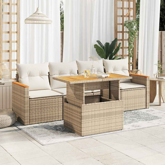 5-tlg. Garten-Sofagarnitur mit Kissen Beige Poly Rattan Akazie