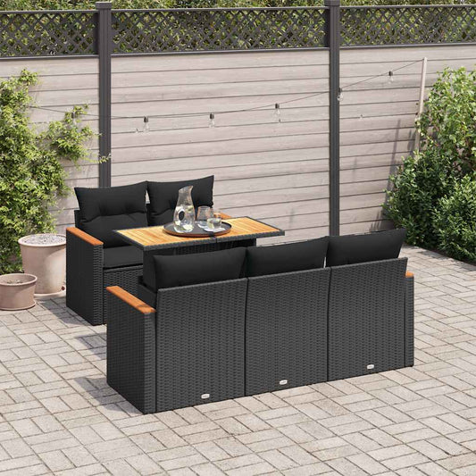 6-tlg. Garten-Sofagarnitur mit Kissen Schwarz Poly Rattan
