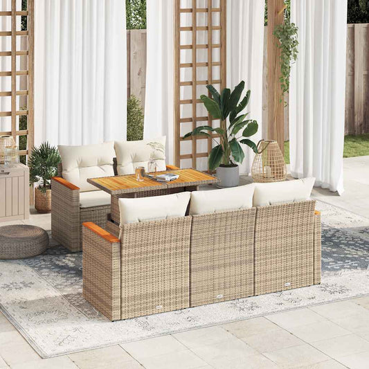 6-tlg. Garten-Sofagarnitur mit Kissen Beige Poly Rattan Akazie