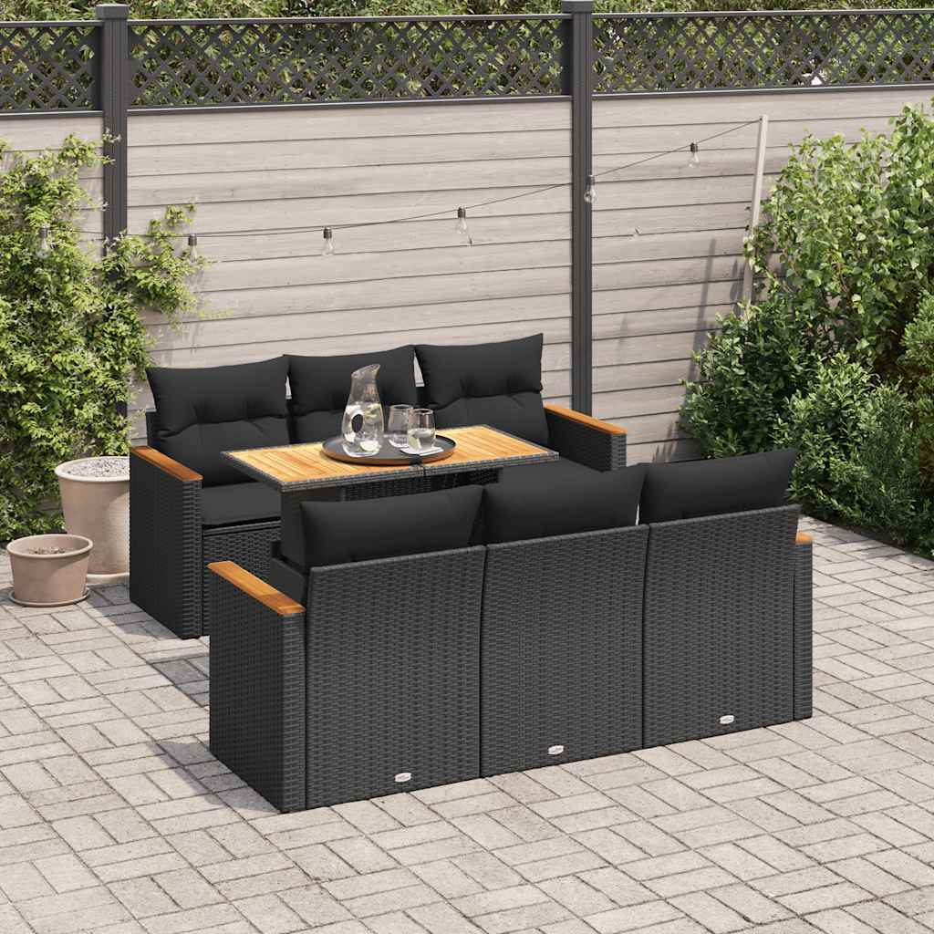 7-tlg. Garten-Sofagarnitur mit Kissen Schwarz Poly Rattan