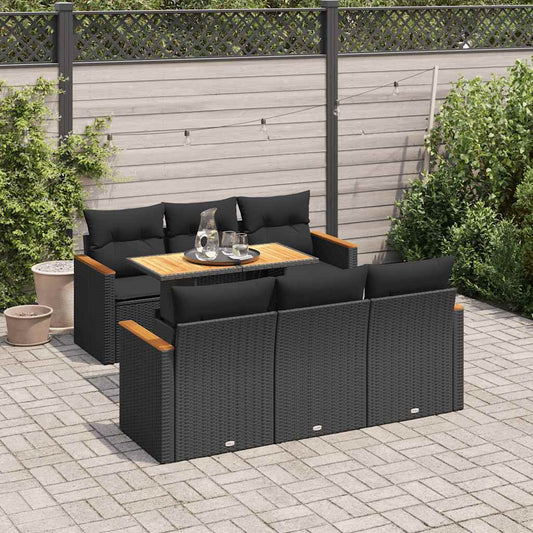 7-tlg. Garten-Sofagarnitur mit Kissen Schwarz Poly Rattan