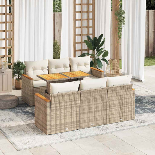 7-tlg. Garten-Sofagarnitur mit Kissen Beige Poly Rattan Akazie