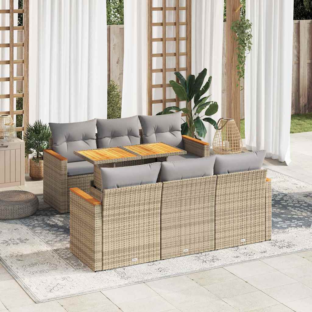 7-tlg. Garten-Sofagarnitur mit Kissen Beige Poly Rattan Akazie