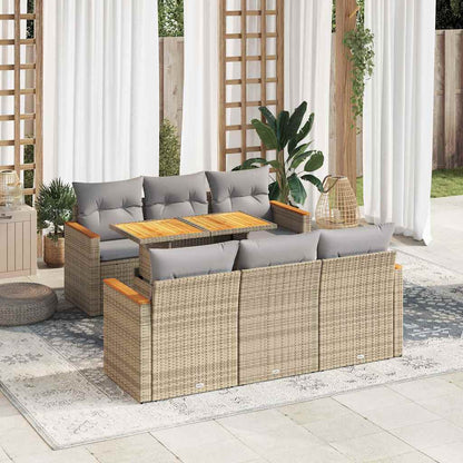 7-tlg. Garten-Sofagarnitur mit Kissen Beige Poly Rattan Akazie