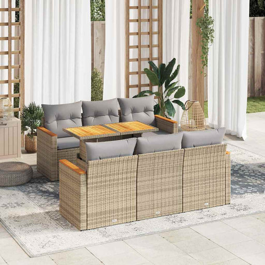 7-tlg. Garten-Sofagarnitur mit Kissen Beige Poly Rattan Akazie