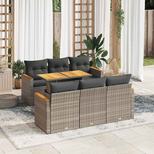 7-tlg. Garten-Sofagarnitur mit Kissen Grau Poly Rattan Akazie
