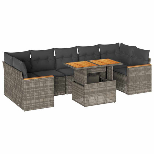 8-tlg. Garten-Sofagarnitur mit Kissen Grau Poly Rattan Akazie