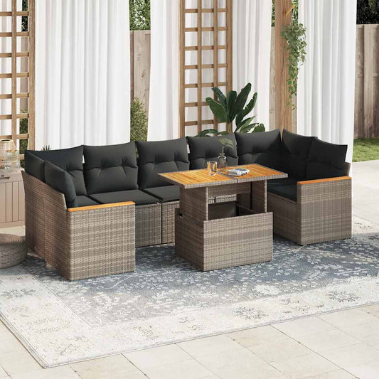 8-tlg. Garten-Sofagarnitur mit Kissen Grau Poly Rattan Akazie